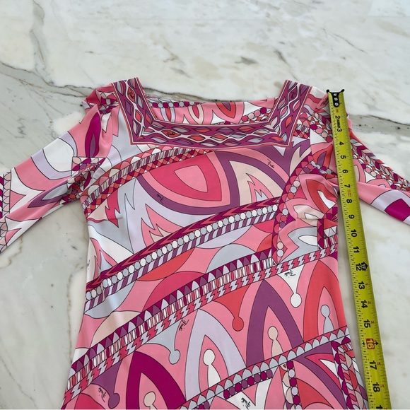 EMILIO PUCCI PINK PRINT SQUARE NECK BELL SLEEVE DRESS SIZE IT 40 / US 6 - Picture 12 of 16